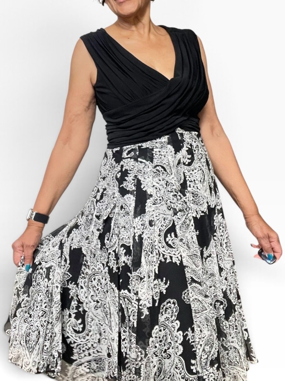 Adrianna Papell Black & White Paisley Midi Fit-and-Flare Dress Size 14